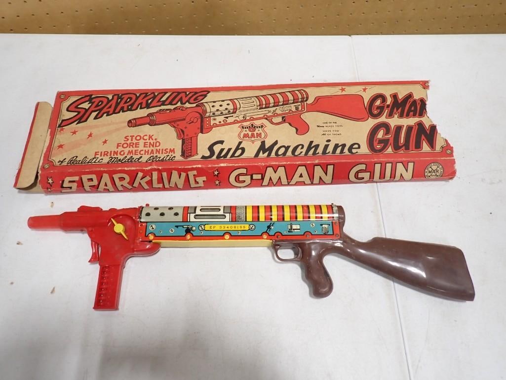 Vintage Marx Sparkling G-Man Toy Sub Machine Gun Damaged in Original Damaged Box: Vintage Marx Sparkling G-Man Toy Sub Machine Gun Damaged in Original Damaged Box . The toy and the box both have damage. Please see all pictures