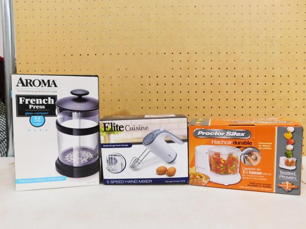 New Kitchen Lot incl French Press, Hand Mixer, and Proctor Silex Food Chopper All New in Box (1 of 8)