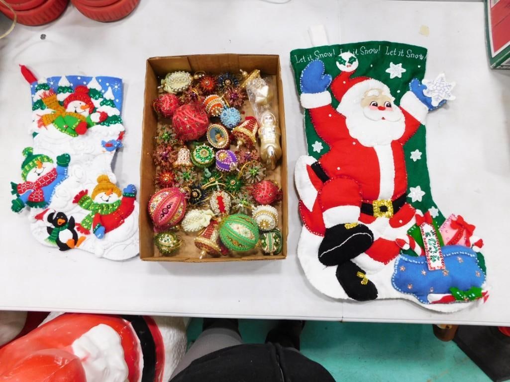 30+ Vtg 1960s Handmade Push Pin Christmas Ornaments, Felt Stocking, Etc Lot: Vintage Christmas Lot including 30+ handmade push pin sequin and satin ornaments, hand stitched felt & sequins stocking, glass baby in stocking, & egg ornaments lot
