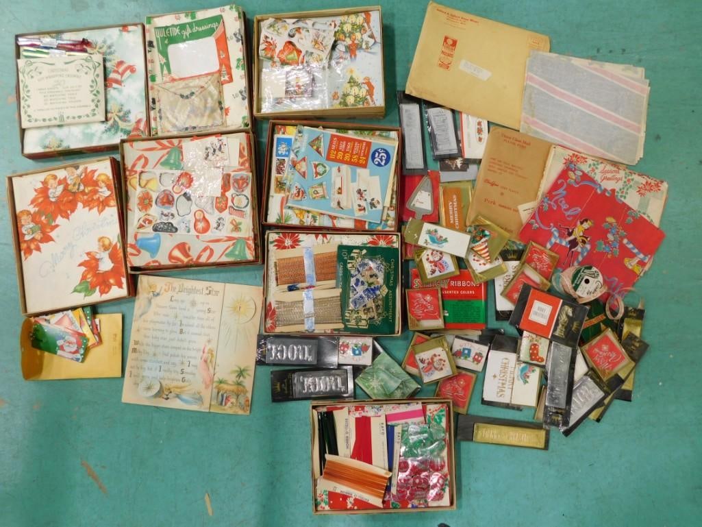 Vtg 1950-60s Christmas Wrapping Paper, Stickers, Labels in Box incl NOS Huge Lot: Vtg 1950-60s Christmas wrapping paper, ribbons, labels, stickers, tags in original boxes. Most new old stock
