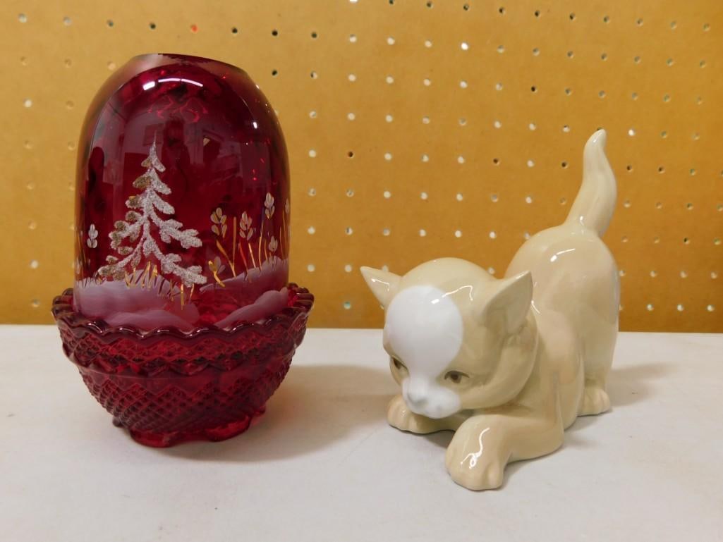 Fenton Winter Trees 2 Pc Hand Painted & Signed Amberina Ruby Red Glass Fairy Lamp & Valencia Cat Fig (1 of 8)