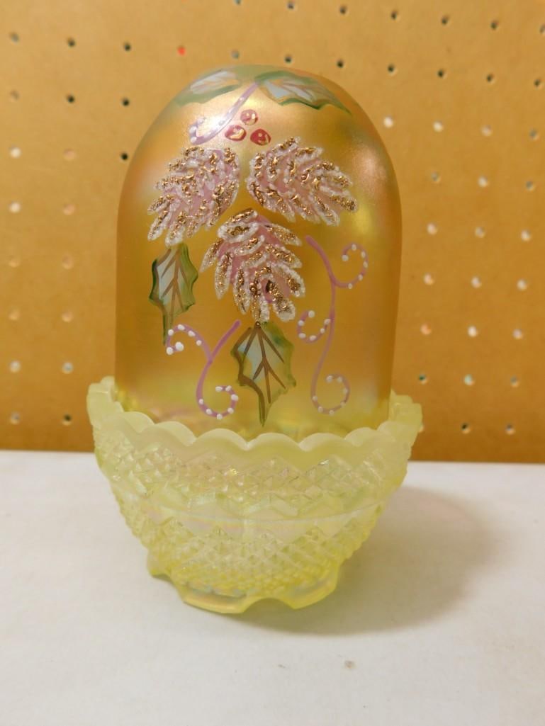 Fenton 2 Pc Pine Cones Iridescent Hand-Painted & Signed Glass LE Fairy Lamp Signed L. Nulter (1 of 6)