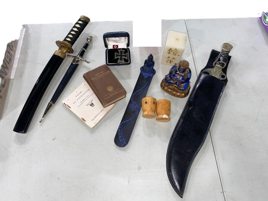 Misc lot including 3 Knives / Swords / or Daggers with Sheaths including Pakistan, Asian Figurines (1 of 10)