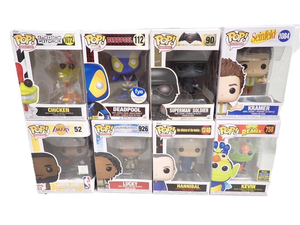 8 New in box Funko Pop Figurines including Chicken, Deadpool, Superman, Kramer, LeBron James, Lucky (1 of 6)