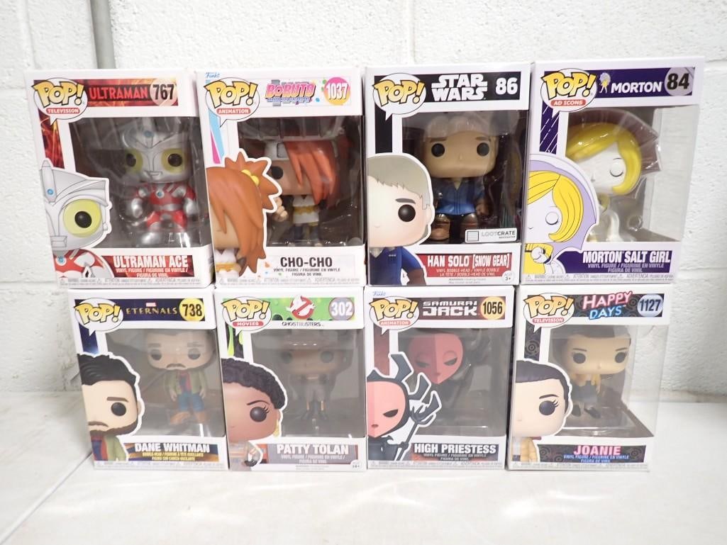 8 Funko Pop Figurines including Ultraman Cho-Cho, Han Solo, Morton Salt, Dane Whitman, Patty Tolan (1 of 6)
