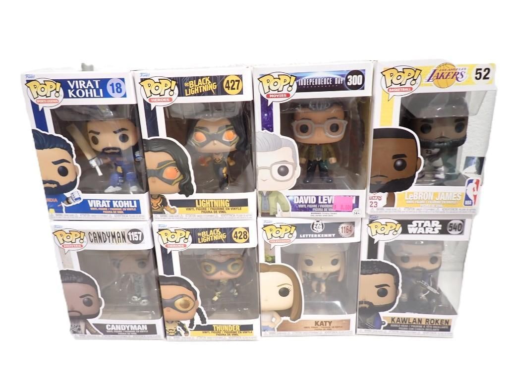 8 Funko Pop Figurines including Virat Kohli, Lightning, David Levinson, LeBron James, Candyman (1 of 6)