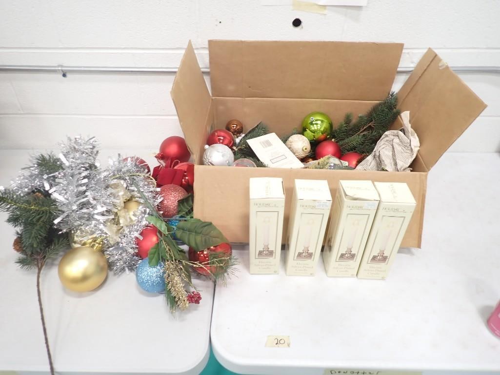 Christmas Decor Lot including Ornaments, Silverplate electric Candles, etc.: Christmas Decor Lot including Ornaments, Silver plate electric Candles, etc.