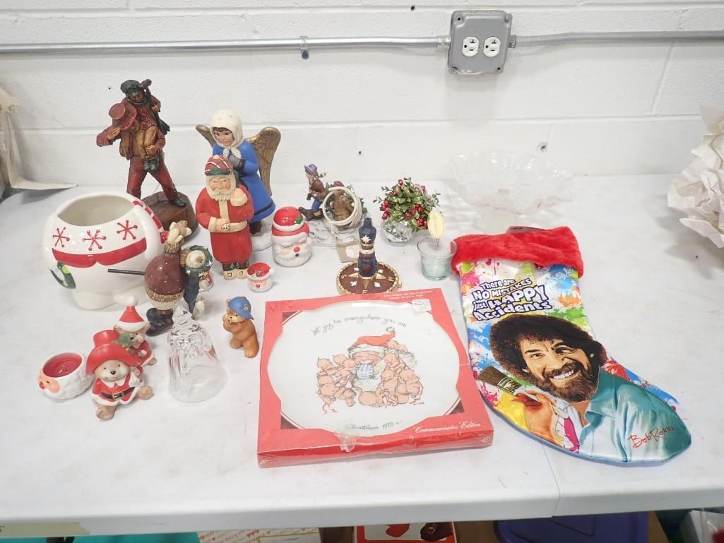 Christmas Lot including Bob Ross Stocking, Figurines, Decor, Plate, etc.: Christmas Lot including Bob Ross Stocking, Figurines, Decor, Plate, etc.