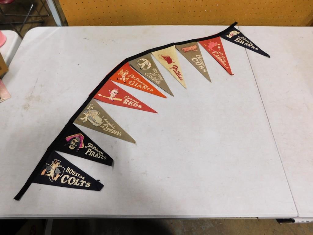 String of Vintage Sports Pennants incl Houston Colts, Milwaukee Braves, Cincinnati Reds, (1 of 3)