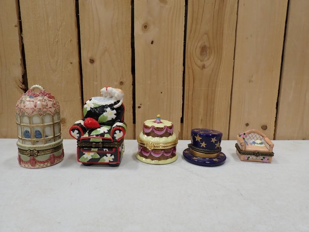 5 Trinket Boxes including Enesco - Magician Hat, Cake, Couch, etc: 5 Trinket Boxes including Enesco - Magician Hat, Cake, Couch, etc