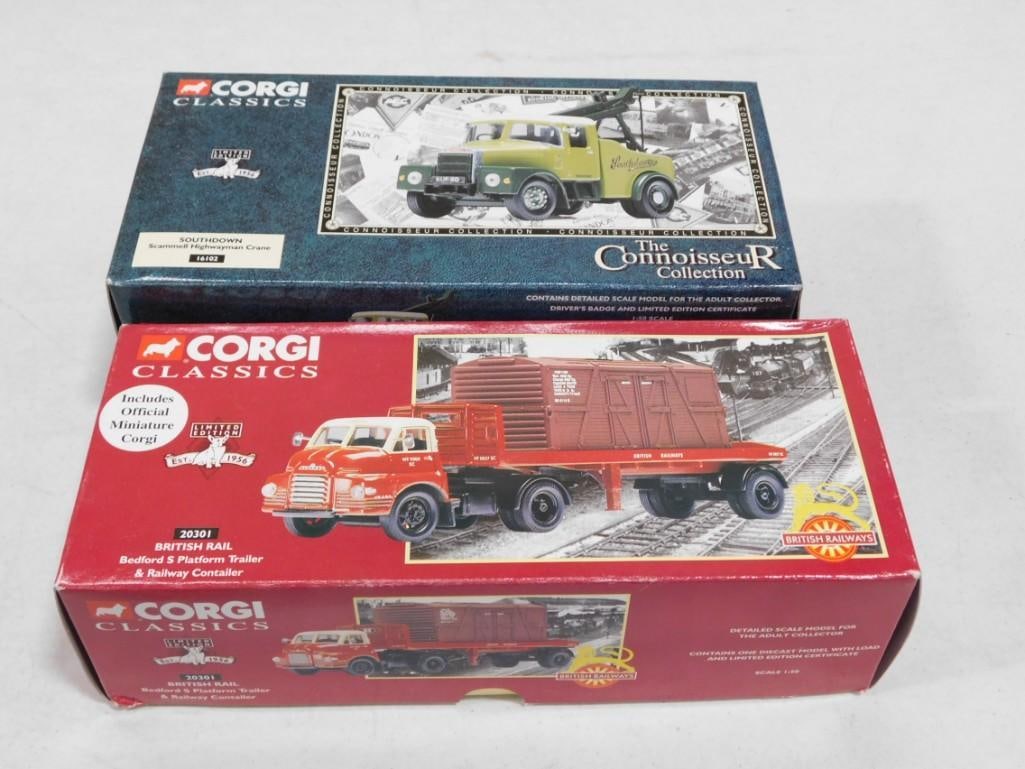 2 Corgi Classics incl The Connoisseur Collection Southdown Scammell Highwayman Crane 16102: 2 Corgi Classics incl The Connoisseur Collection Southdown Scammell Highwayman Crane 16102 and British Rail Bedford S Platform Trailer & Railway Contailer or Container 20301 Limited Edition. Bot