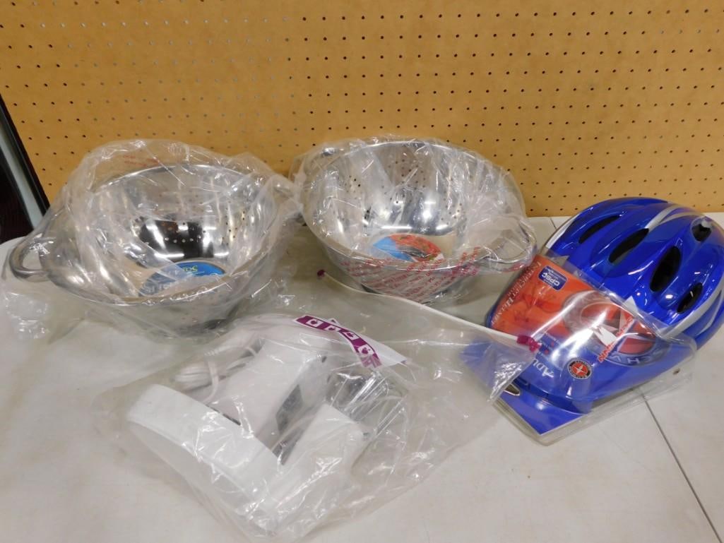 Philips Electric Hand Mixer, 2 Stainless Steel Colanders, and a New in Package Bicycle Helmet (1 of 10)