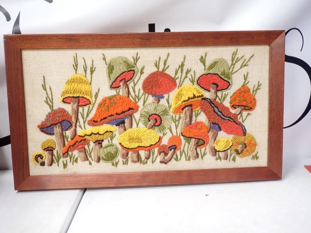 Vintage Framed Embroidery with Mushroom Design - measures roughly 12x21": Vintage Framed Embroidery with Mushroom Design - measures roughly 12x21"