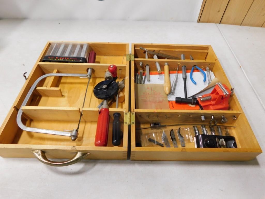 Vintage Tools set with Wooden Case including Jigsaw, Pliers, Blades, Hand Drill, Vise, etc (1 of 4)