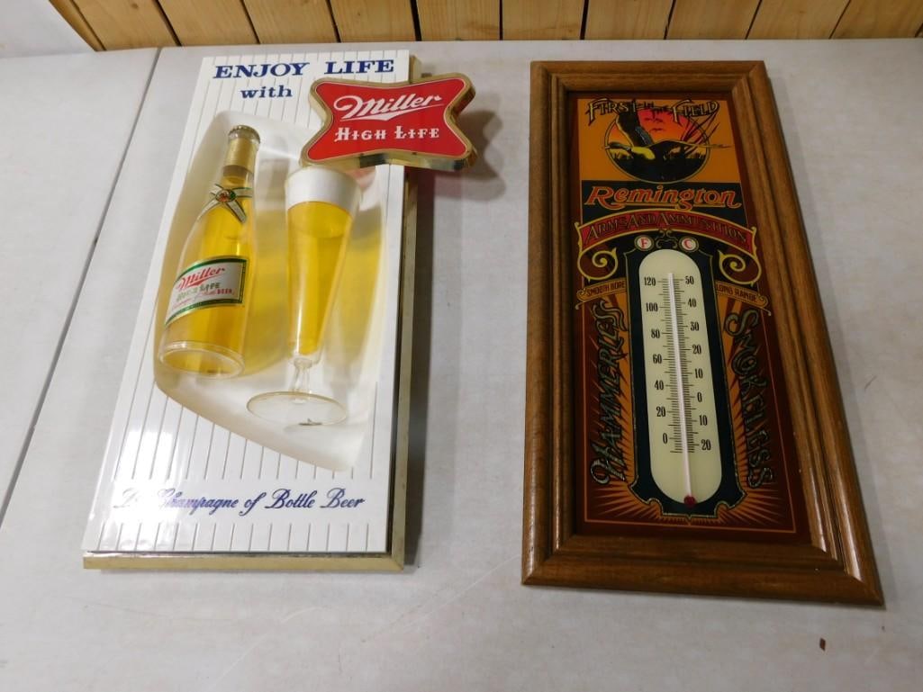 Pair of Wall Hangings including Miller High Life Beer Sign and Remington Arms and Ammunition Thermo: Pair of Wall Hangings including Miller High Life Beer Sign and Remington Arms and Ammunition Thermometer. Perfect for the basement or man cave or she shed or whatever.