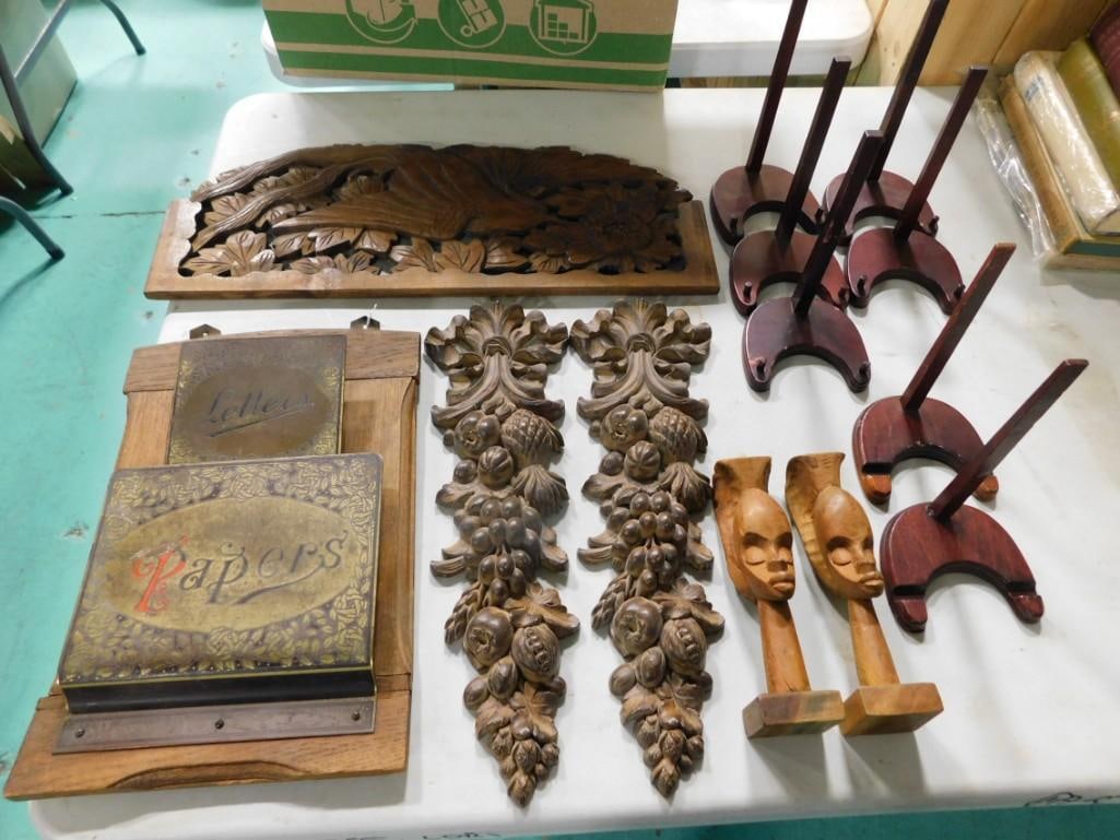 Wood Lot including Hand Carved Wall Hangings, Stands, Letter / Papers Holder, etc. (1 of 10)