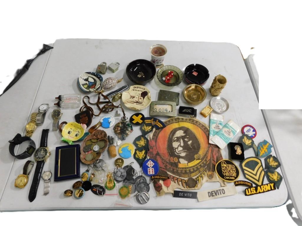 Large Lot of Smalls including Watches, Ashtrays, Patches, Military, Locks, Knick Knacks, tchotchkes (1 of 7)