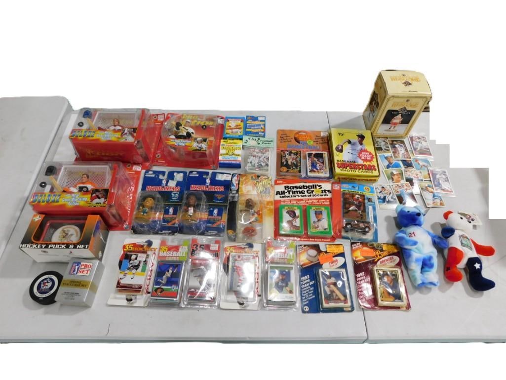 Assorted Sports Lot including Headliners, Sports Cards, Hockey Picks, Figurines, Plush, etc.: Assorted Sports Lot including Headliners, Sports Cards, Hockey Picks, Figurines, Plush, etc.