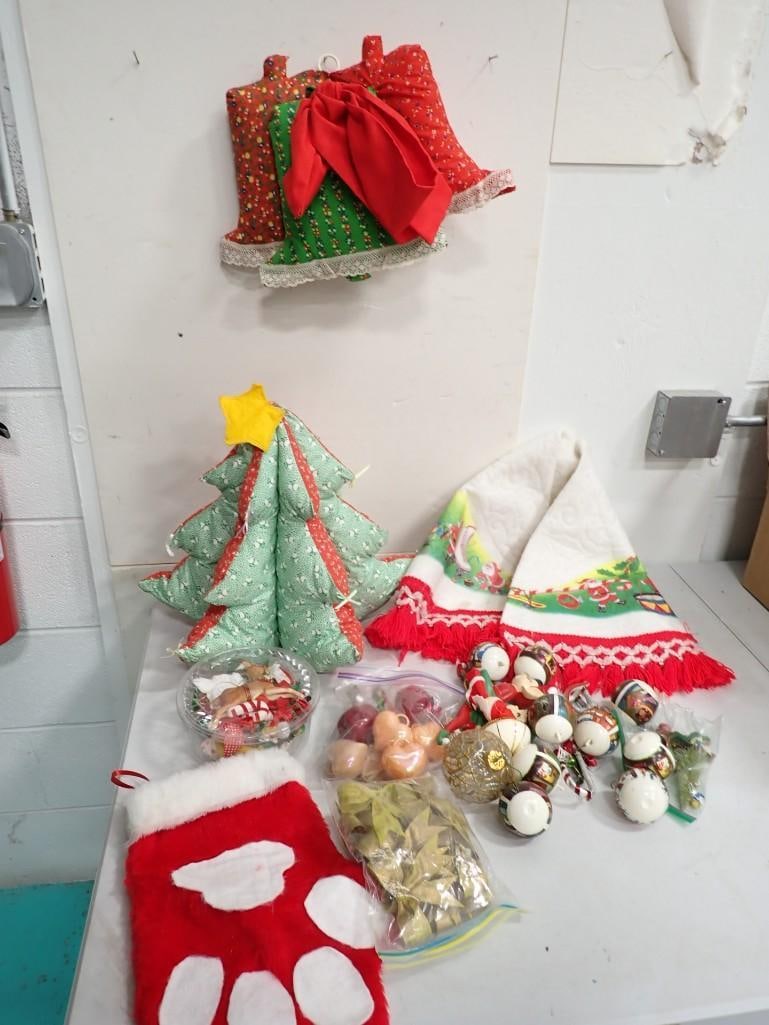 Christmas Lot incl Ornaments, Vintage Tree Skirt, Plush Christmas Tree, Etc: Christmas Lot incl Ornaments, Vintage Tree Skirt, Plush Christmas Tree, Etc