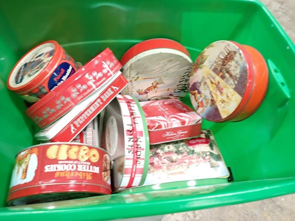 Bin of Christmas Cookie Tins .  Green Bin with Red Lid is included (1 of 7)