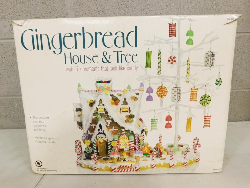 Vintage Gingerbread House & Tree Figure with Ornaments Shaped Like Candy: Vintage Gingerbread House & Tree Figure with Ornaments Shaped Like Candy . Not made of real food.. Unchecked for completeness