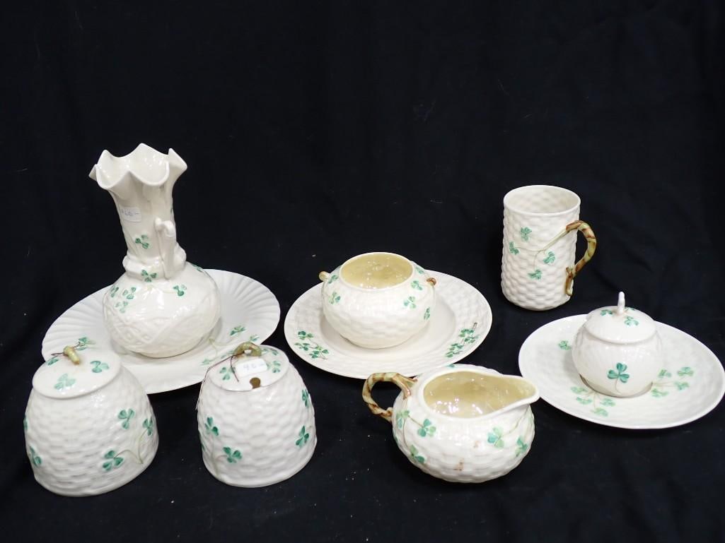 Belleek Shamrock Tableware incl 2 Honey Pots, Coffee Cup, Creamer and Sugar Bowl, Vase, etc (1 of 13)