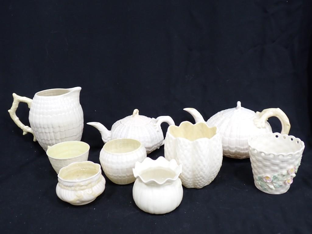 Belleek Tableware Asst Patterns incl Limpet Yellow Pitcher, Belleek Basketweave Vase with Floral Pat (1 of 13)