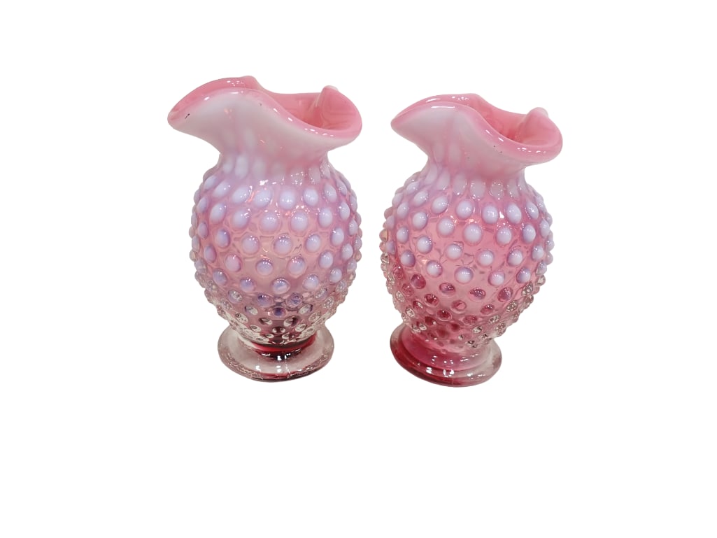2 Vintage Cranberry Opalescent Hobnail Glass Vases (1 of 7)