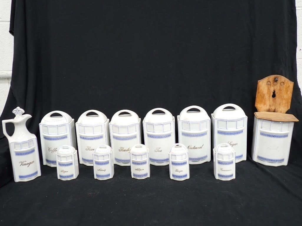 Antique Blue and White Canister Set Stamped Germany incl Vinegar Cruet, Coffee, Rice, Barley, (1 of 11)