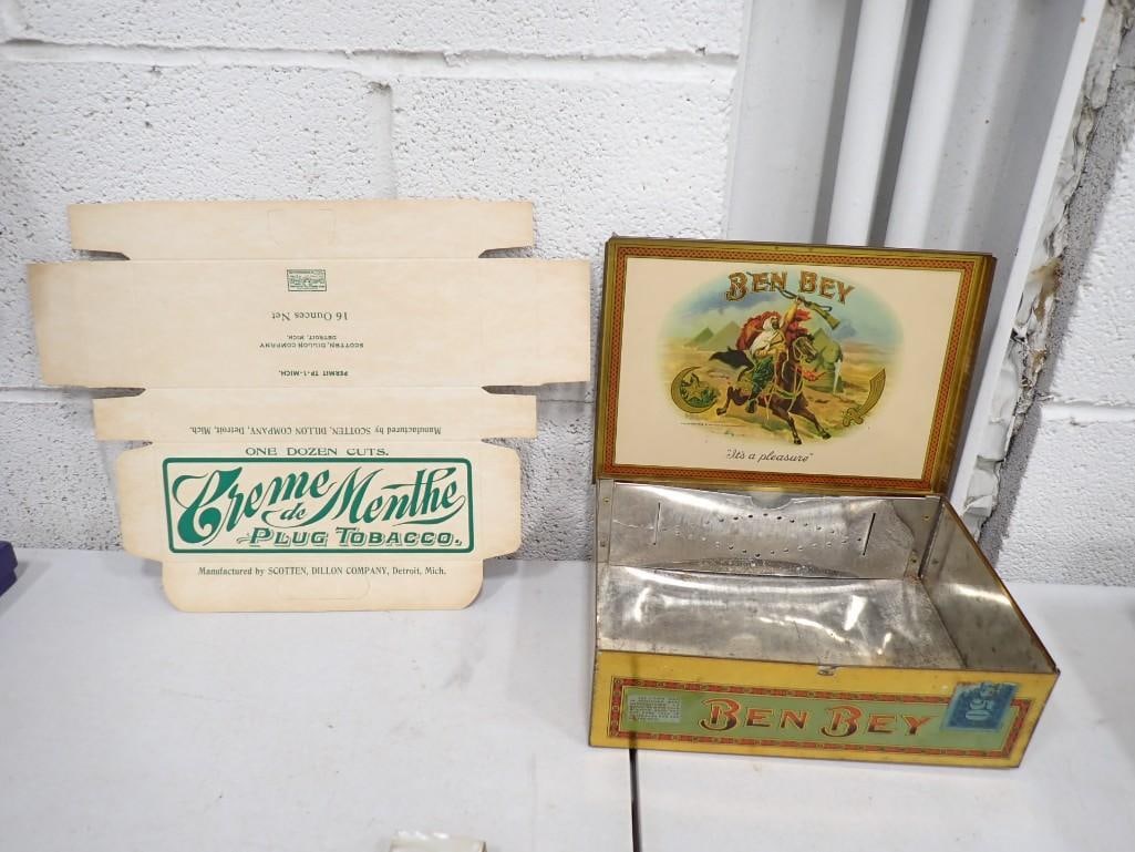 Vintage Ben Bey Metal Cigar Box and Creme de Menthe Plug Tobacco unused Unformed Box: Vintage Ben Bey Metal Cigar Box and Creme de Menthe Plug Tobacco unused Unformed Box