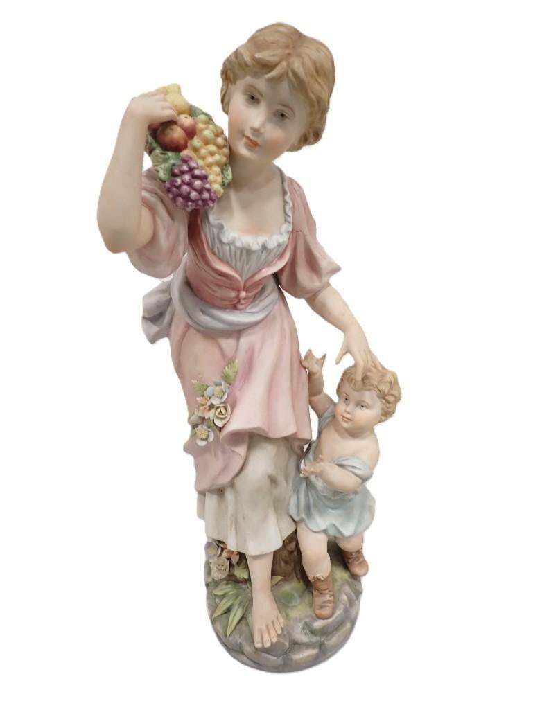 Vintage Porcelain Ceramic Figurine - Lady with Fruit and a Toddler: Vintage Porcelain Ceramic Figurine - Lady with Fruit and a Toddler. Some of the flowers have some chips. Measures roughly 18" tall