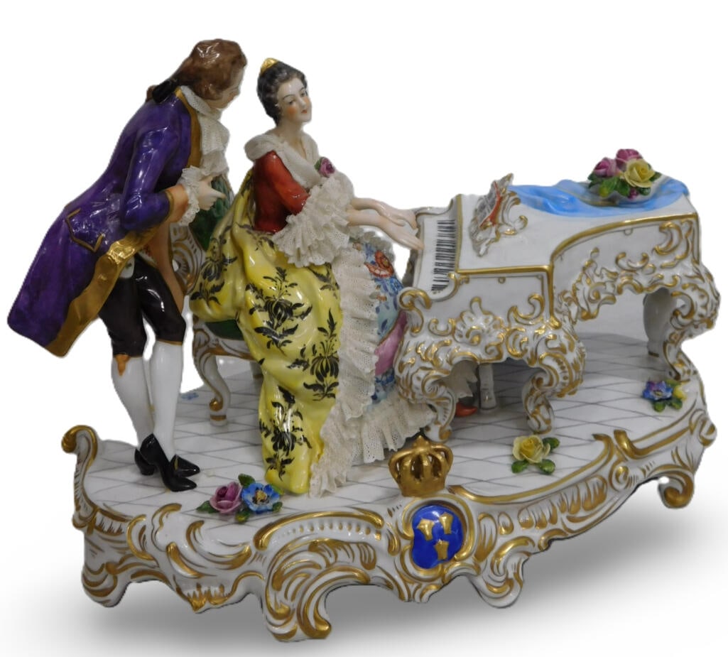 Vintage German Ceramic Porcelain Figurine - Victorian Woman playing piano with man behind her (1 of 5)