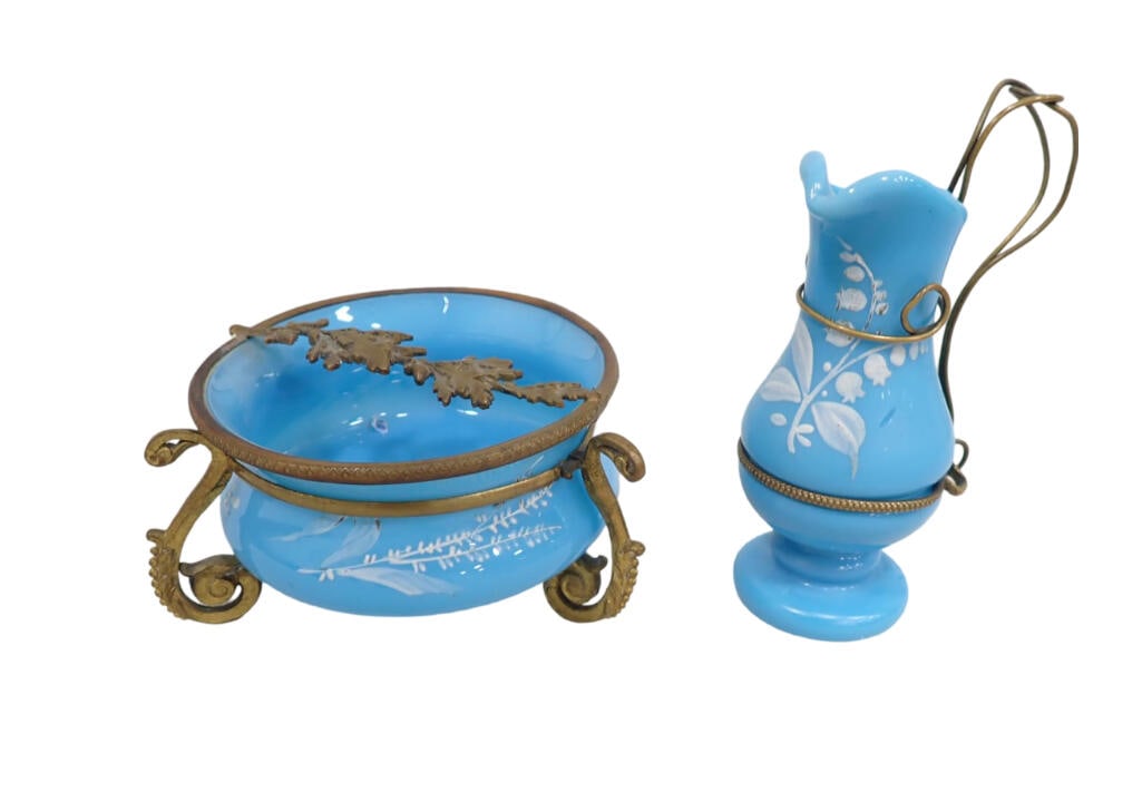 Vintage Blue Opaline Glass Small Pitcher and Trinket Dish with Metal Holders and Hand Painted Design (1 of 7)