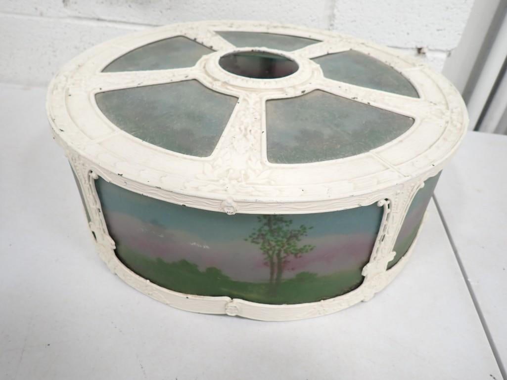Antique Hand Painted Glass and Metal Lamp Shade or Light Shade: Antique Hand Painted Glass and Metal Lamp Shade or Light Shade