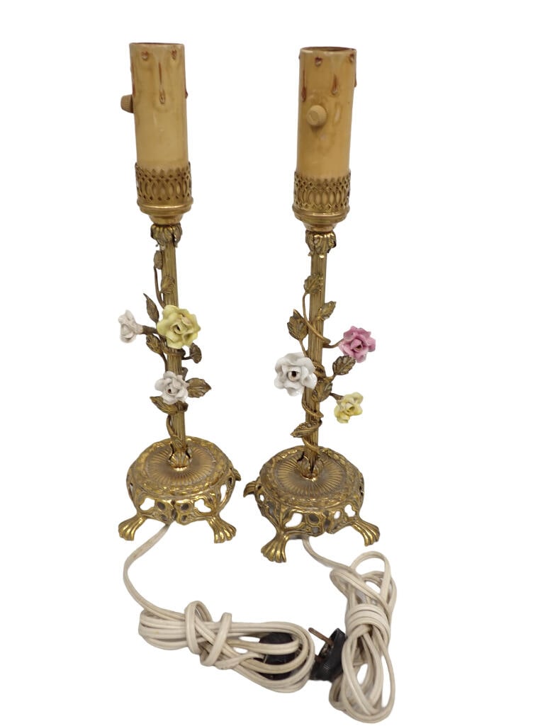 Pr of Antique Brass Table Lamps with Floral Design (1 of 8)