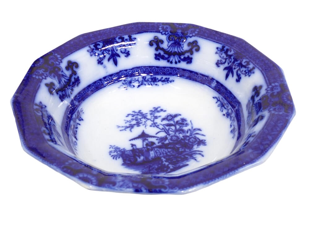 Antique Flow Blue Iron Stone Bowl Amoy by Davenport c. 1840s - 1860s (1 of 8)