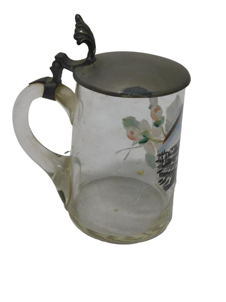 Vintage or antique Glass Beer Stein with Metal Lid - Hand Painted (1 of 6)
