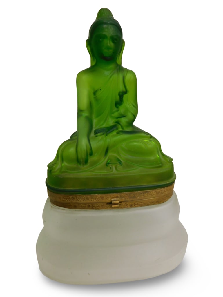 Green Glass Buddha Drinking Box with shot glasses and larger glass and glass base: Green Glass Buddha Drinking Box with shot glasses and larger glass and glass base. Measures roughly 13" tall
