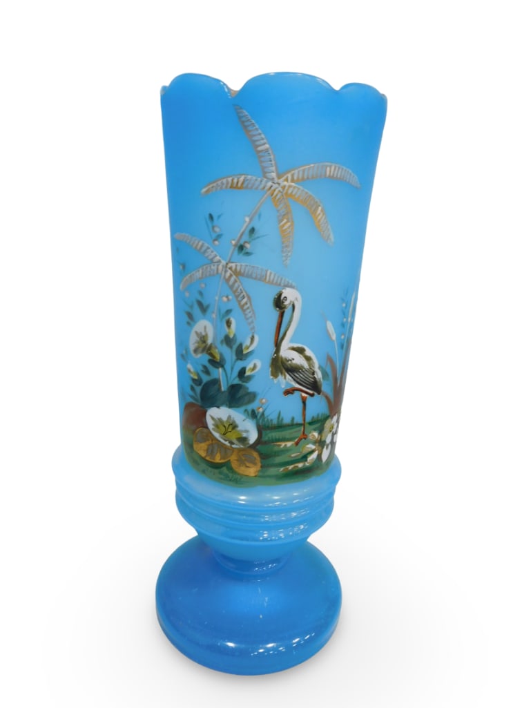 Antique Blue Opaline Glass Vase with Hand Painted Crane Design (1 of 5)