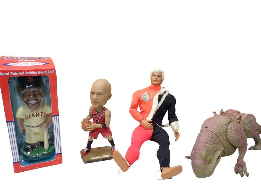 Carlos Boozer and Barry Bonds Bobble Heads Plus 1976 Mattel Pulsar Man of Adventure, and a Dinosaur: Carlos Boozer and Barry Bonds Bobble Heads Plus 1976 Mattel Pulsar Man of Adventure, and a Dinosaur