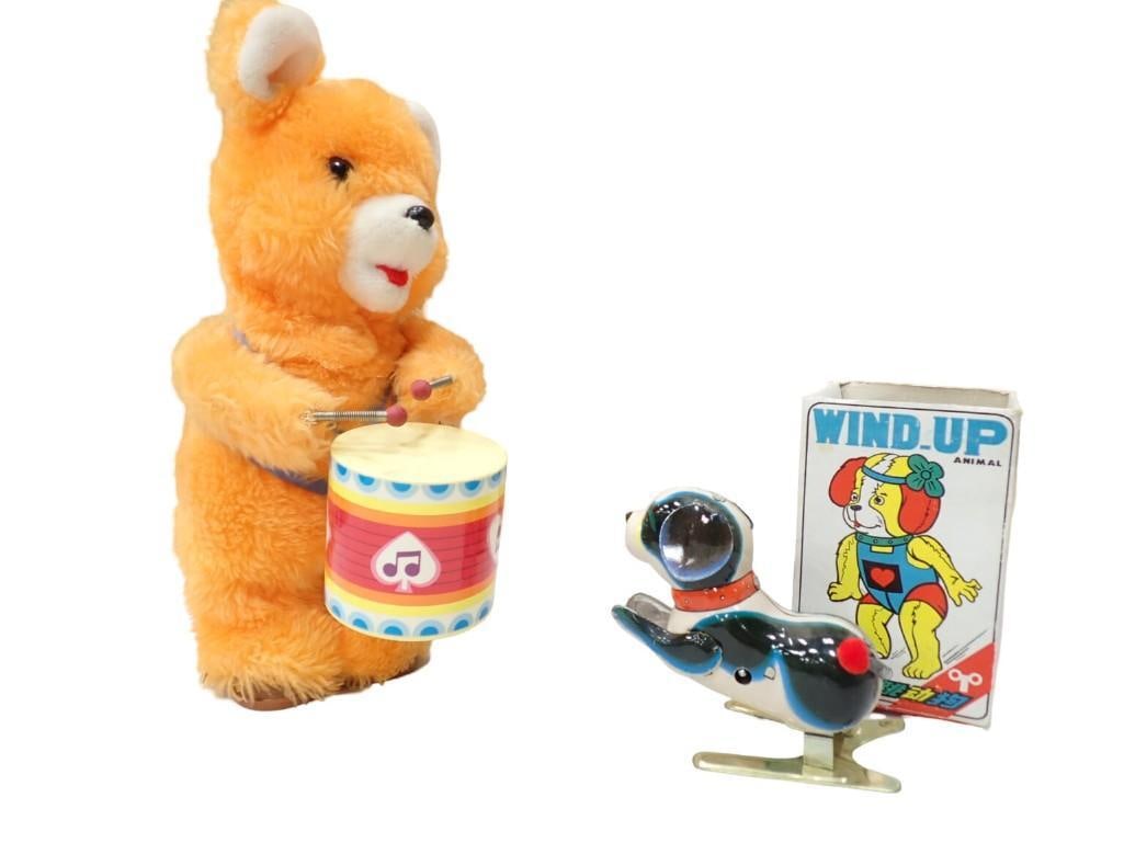 Vintage Jazz Drummer Bear Japan and Metal Wind Up Jumping Dog (missing key) (1 of 7)