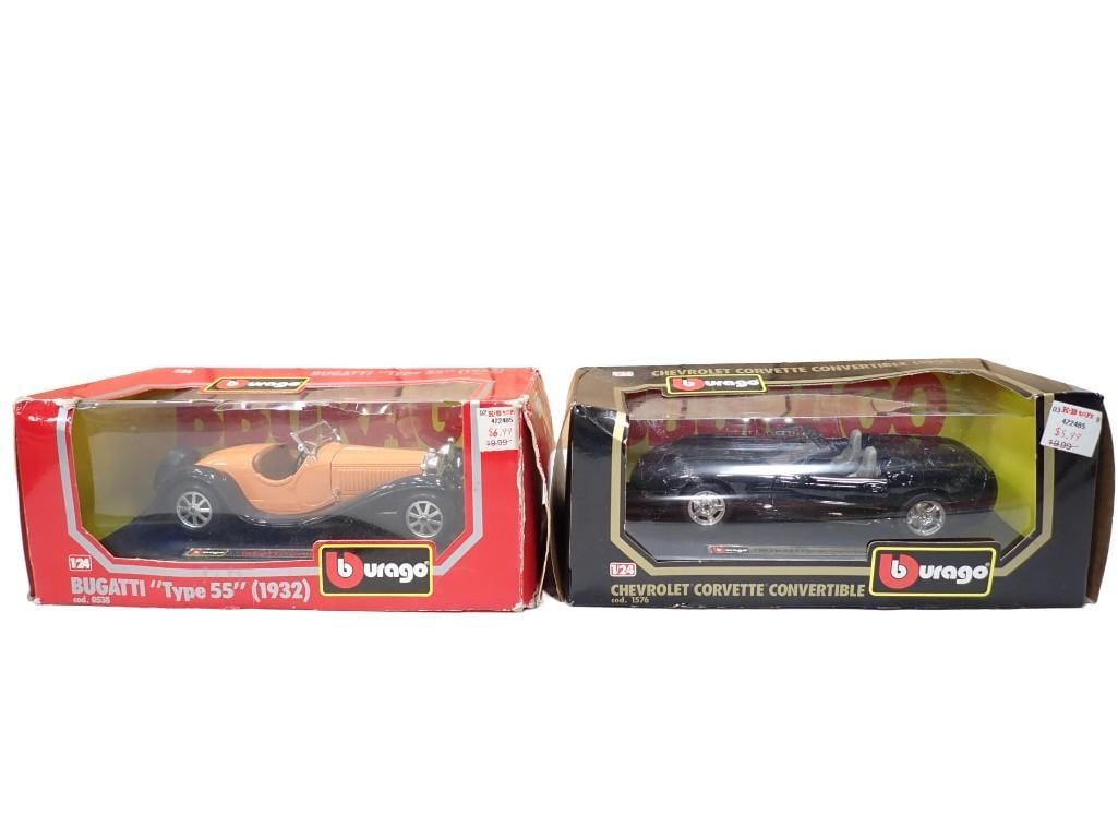 Pair of New Old Stock 1:24 Scale Die Cast Cars Burago Bugatti 1932 Type 55, Chevrolet Corvette Conv (1 of 9)