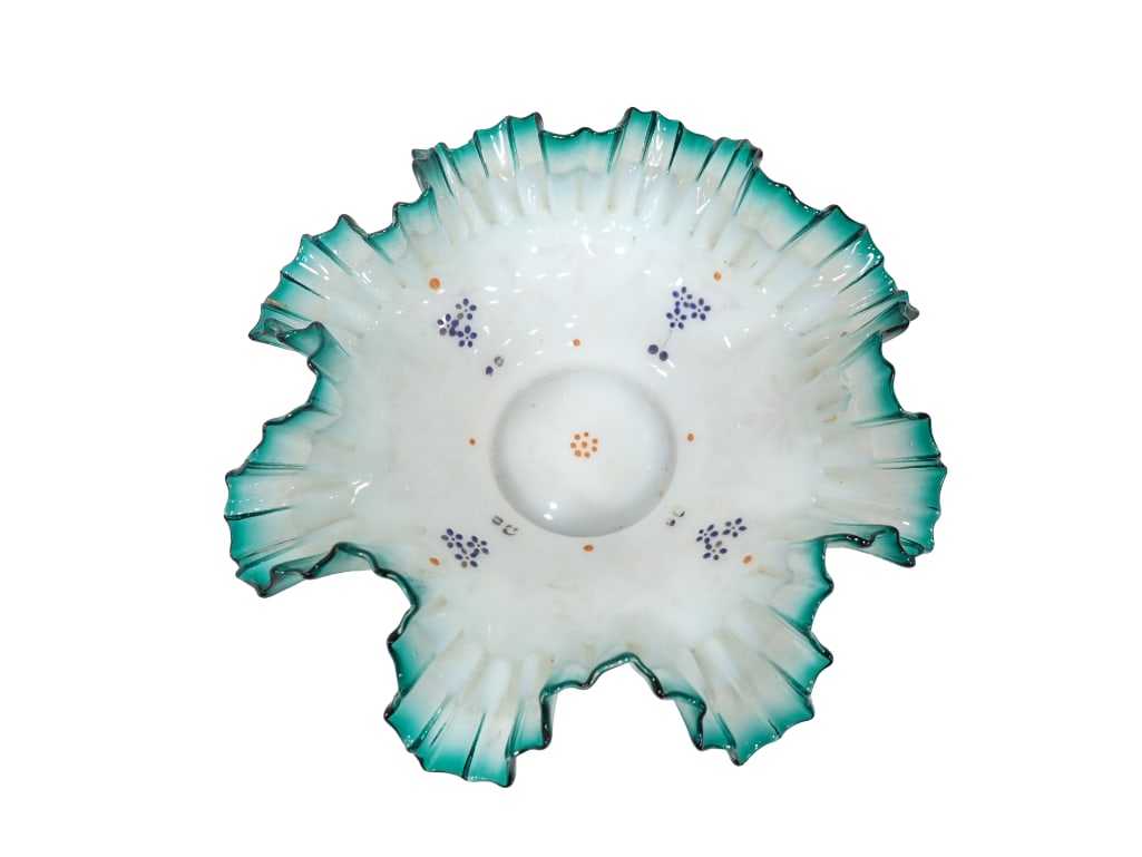 Antique Victorian Glass Bowl with Green Ruffled Edge and Hand Painted Floral Design: Antique Victorian Glass Bowl with Green Ruffled Edge and Hand Painted Floral Design