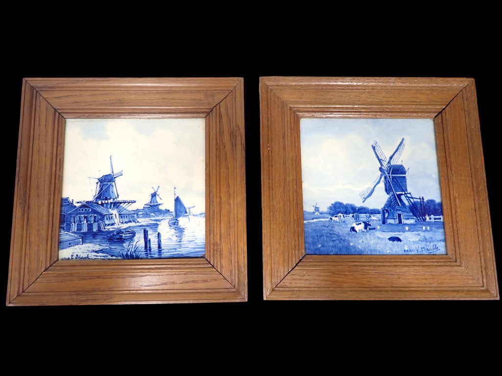 2 Vintage Framed Delft Pottery Tiles with Windmill Designs (1 of 8)