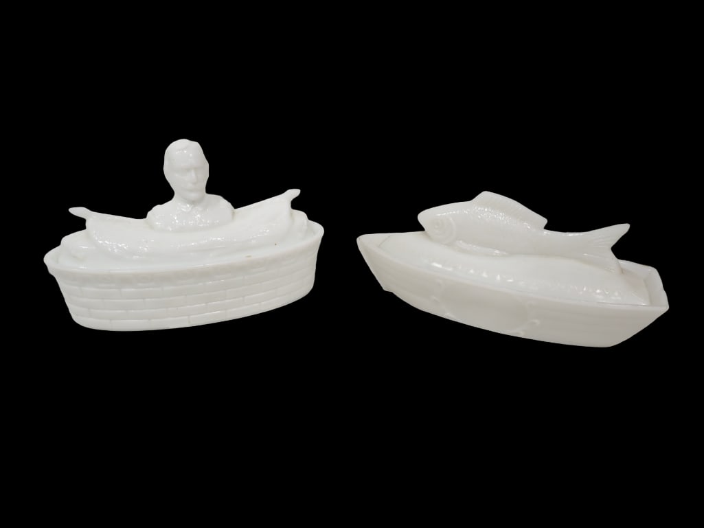 Antique 1880s Atterbury Milk Glass Fish Boat Covered Dish and EAPG Flaccus Bros Admiral George Dewey (1 of 12)