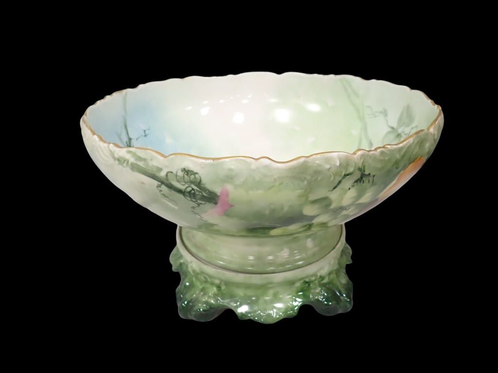 Antique 2 Pc T&V Limoges France Punch Bowl with Pedestal Base and Grapes Design: Large Antique 2 Piece T&V Limoges France Punch Bowl with Pedestal Base and Grapes Design