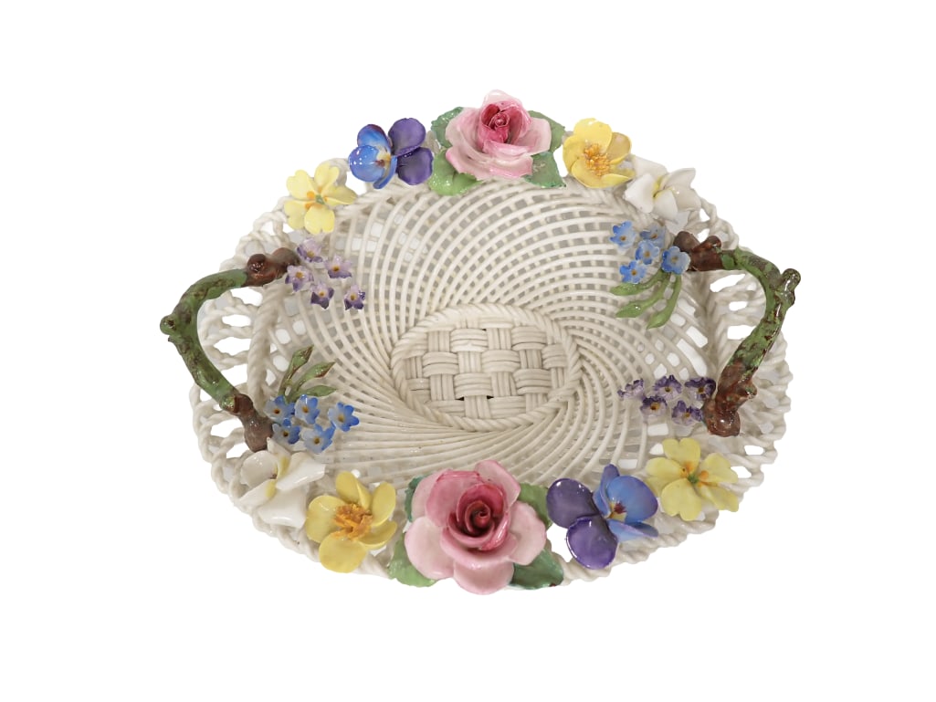 Vintage Staffordshire Porcelain Bowl with Floral Design and Basket Weave: Vintage Staffordshire Porcelain Bowl with Floral Design and Basket Weave