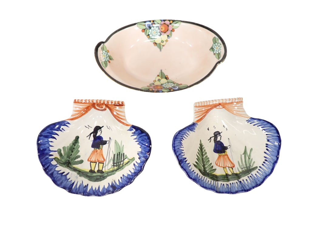 2 Vintage Quimper France Shell Dishes and a Noritake Japan Small Dish or Shallow Bowl: 2 Vintage Quimper France Shell Dishes and a Noritake Japan Small Dish or Shallow Bowl