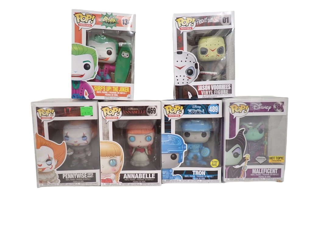 6 Funko Pop Figures New in Box incl Pennywise, Annabelle, Tron, Maleficent,: Lot of 6 Funko Pop Figures New in Box incl Pennywise, Annabelle, Tron, Maleficent, Jason Voorhees, Surf's Up! The Joker