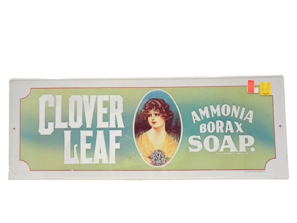 Vtg 1974 Clover Leaf Ammonia Borax Soap Metal Advertising Sign (1 of 4)